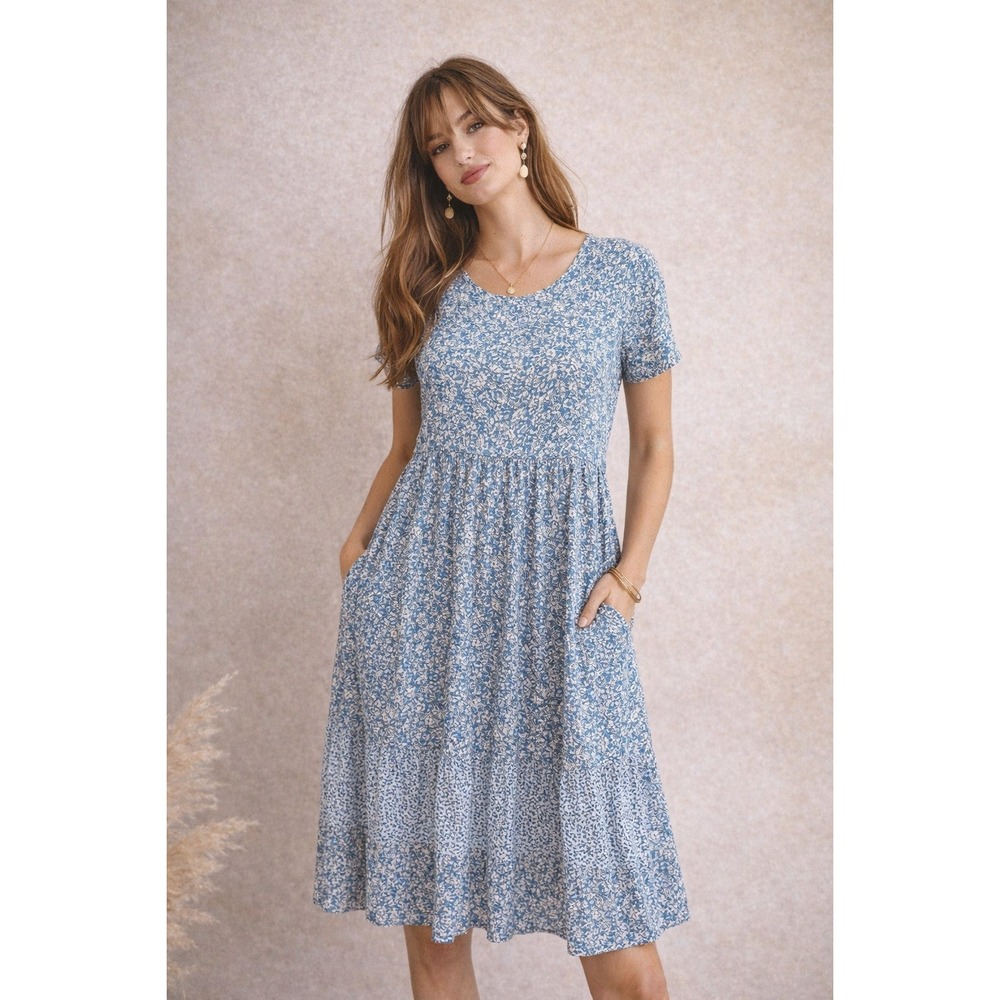 JG Hook Vintage 90s Cottage Blue Floral Mixed Coastal Cowgirl Maxi Dress M